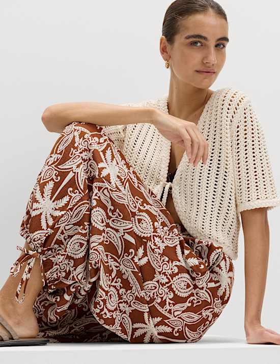 Pantalon de plage imprim&eacute; 100 % coton &agrave; ourlet bouffant