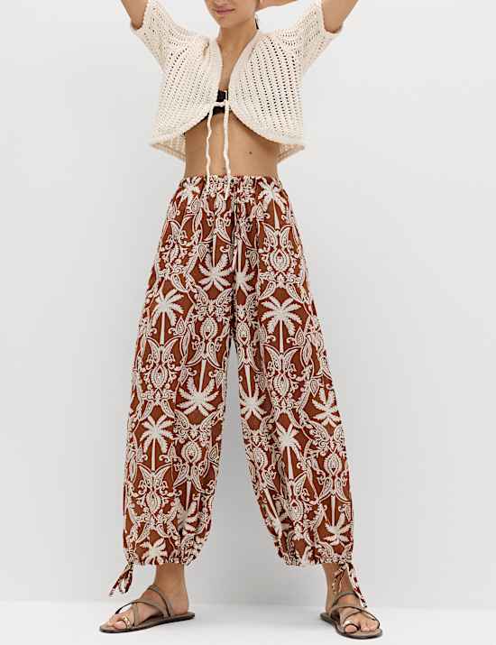Pantalon de plage imprim&eacute; 100 % coton &agrave; ourlet bouffant