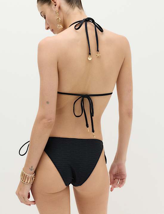 Textured Tie Side Trim Detail High Leg Bikini Bottoms