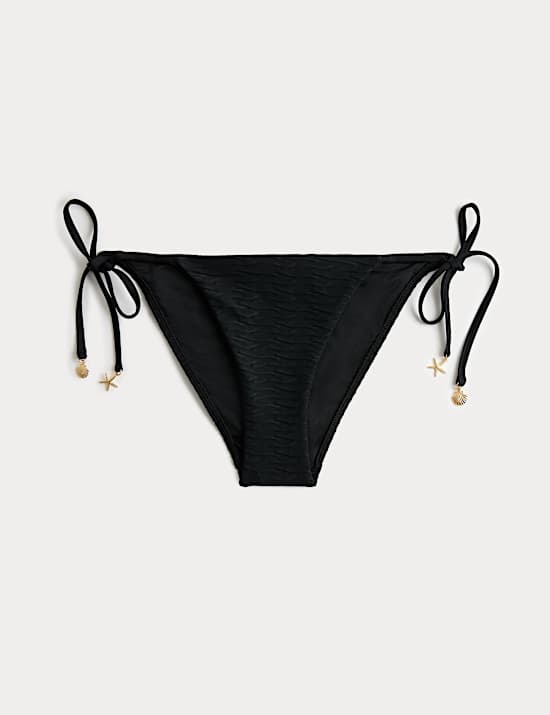 Textured Tie Side Trim Detail High Leg Bikini Bottoms