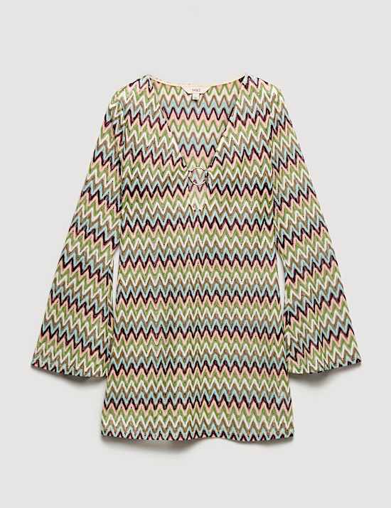 Robe de plage coupe courte &agrave; col en V et motif textur&eacute;
