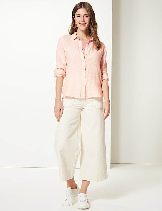 Pure Linen Plain Spread Collar Shirt