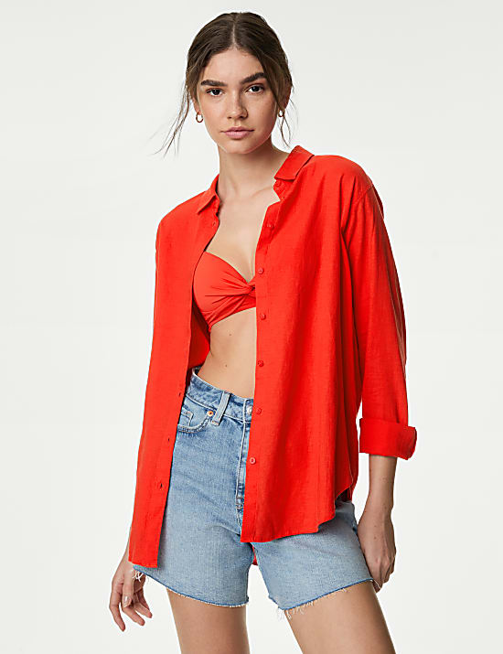Linen Blend Collared Relaxed Shirt