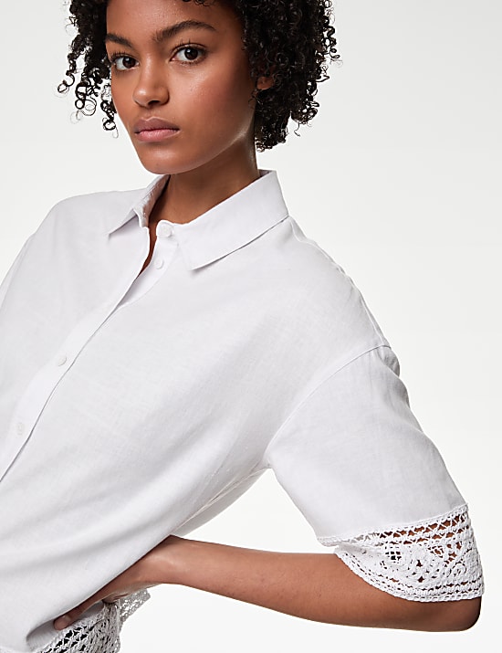Linen Rich Crochet Collared Shirt