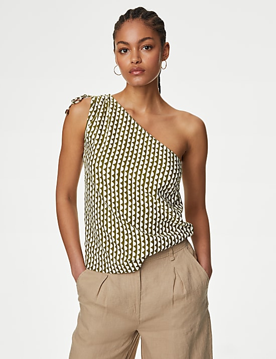 Linen Rich Printed One Shoulder Top