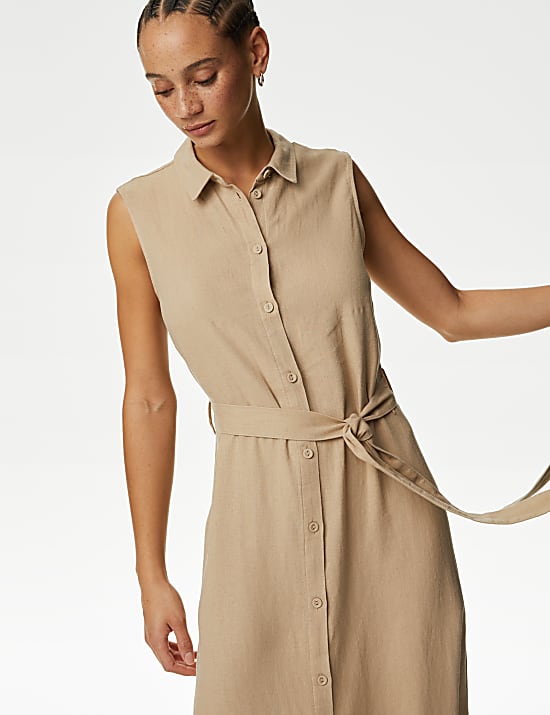 Linen Rich Button Through Midi Shirt Dress