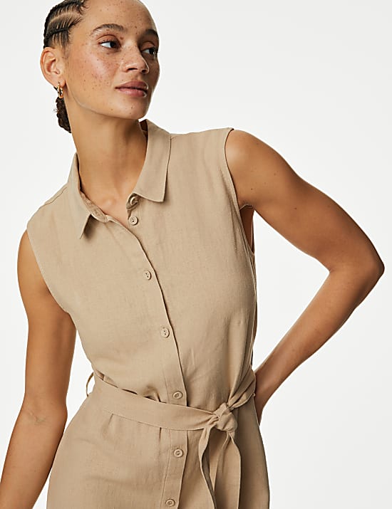 Linen Rich Button Through Midi Shirt Dress