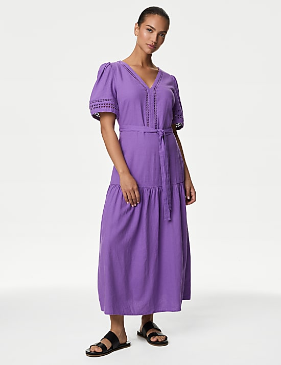 Linen Rich Tie Waist Midaxi Shift Dress