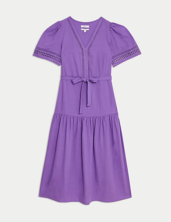 Linen Rich Tie Waist Midaxi Shift Dress