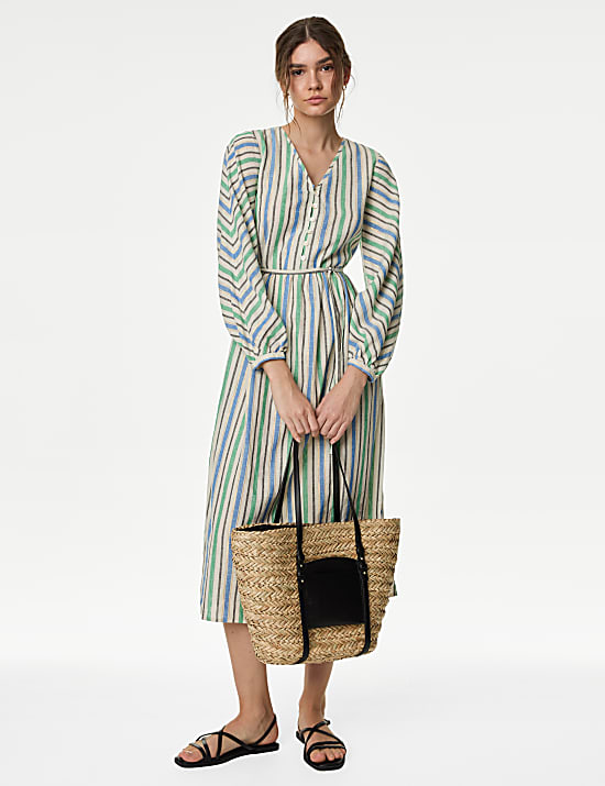 Linen Blend Metallic V-Neck Midi Shift Dress