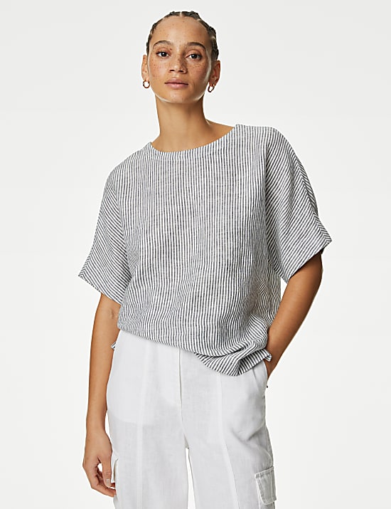 Blouse coupe d&eacute;contract&eacute;e 100 % lin avec imprim&eacute;