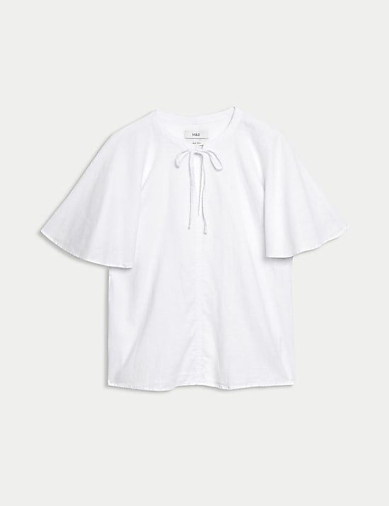 Linen Rich Tie Neck Angel Sleeve Blouse