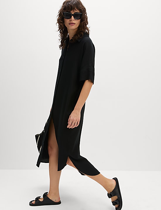 Linen Rich Collared Midi Shirt Dress
