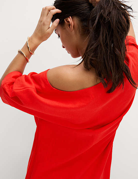 Robe midi en lin à col en V et fermeture à boutons-pression