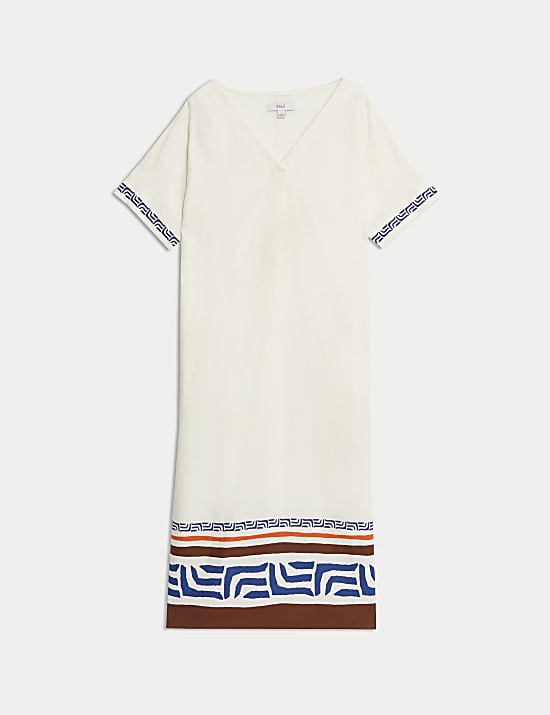 שמלת מידי רב-עונתית מבד עשיר בפשתן עם הדפס וצווארון וי