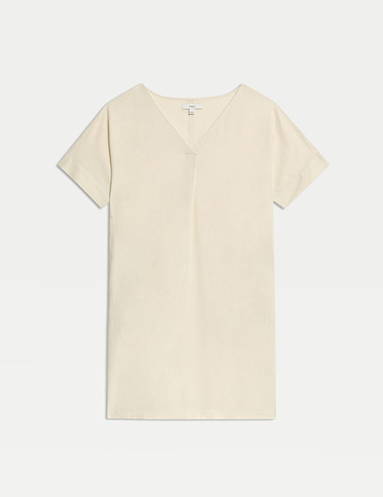 Robe tube coupe courte &agrave; col en V en lin