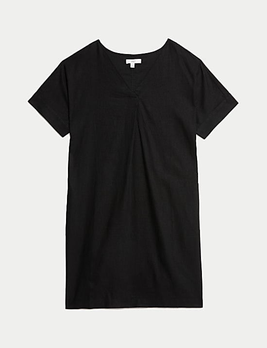 שמלת מיני רב-עונתית מבד עשיר בפשתן עם צווארון וי