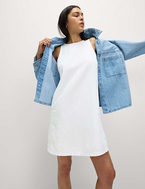 Linen Rich Round Neck Mini Shift Dress