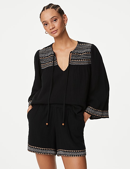 Strandhemd aus reiner Baumwolle mit Stickerei