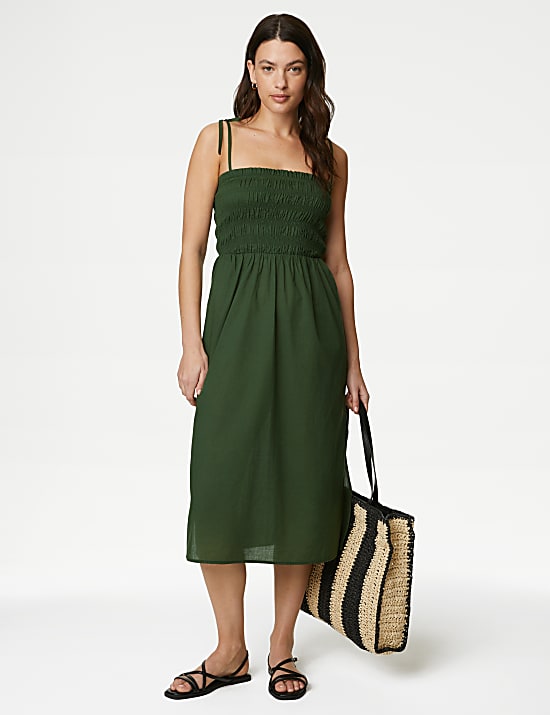 Robe de plage style midi 100 % coton &agrave; d&eacute;tail fronc&eacute;