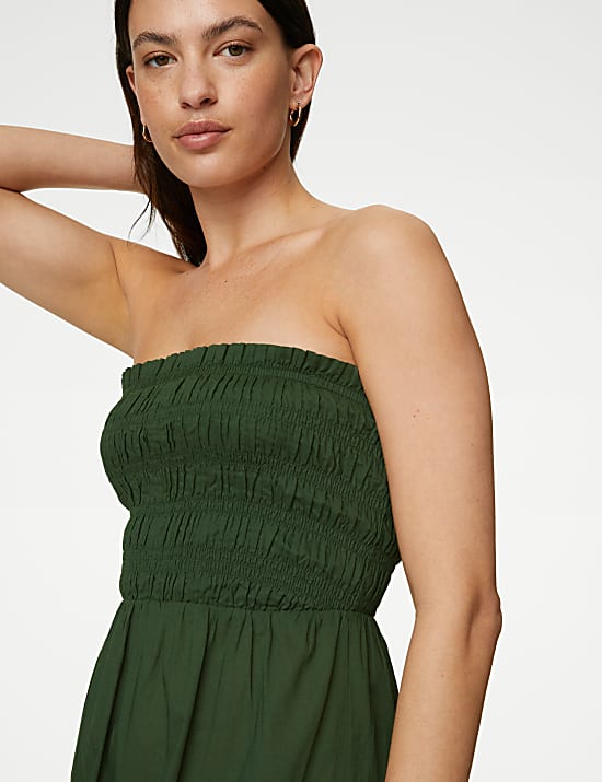 Robe de plage style midi 100 % coton &agrave; d&eacute;tail fronc&eacute;