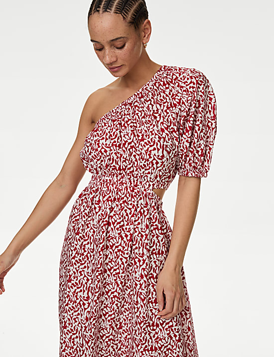 Puur katoenen strandjurk met blote schouder en print