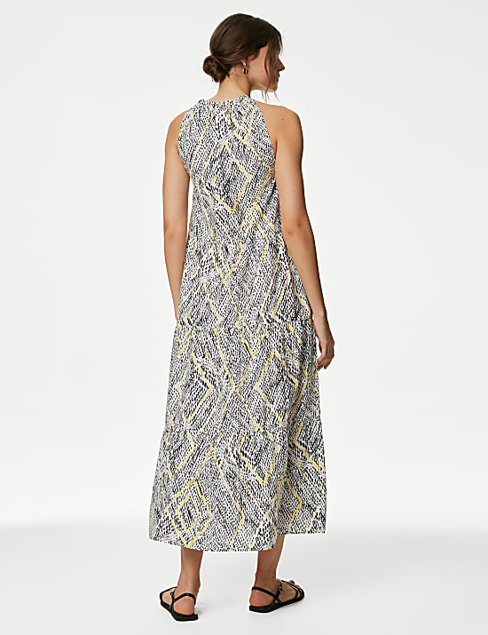 Gelaagde midaxi-strandjurk van zuiver katoen met hoge kraag en print