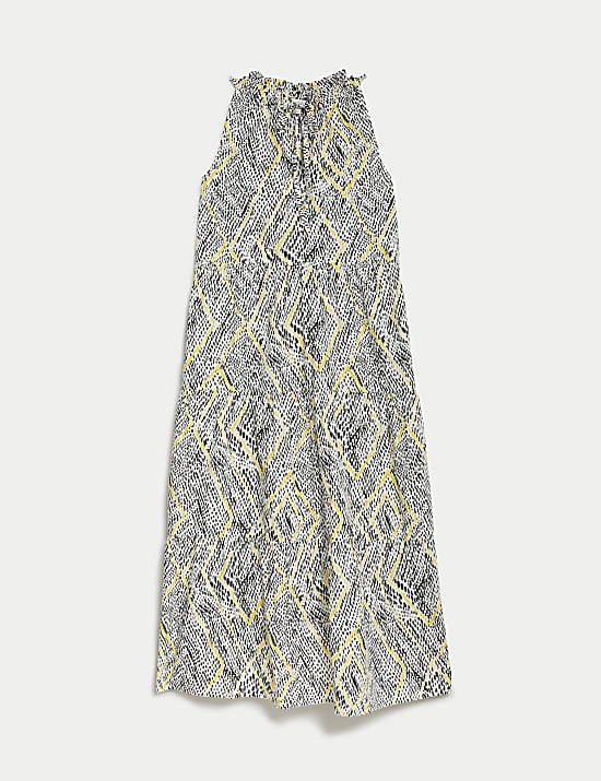 Gelaagde midaxi-strandjurk van zuiver katoen met hoge kraag en print