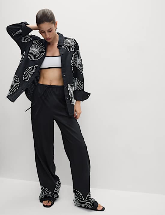 Linen Rich Embroidered Collared Relaxed Shirt