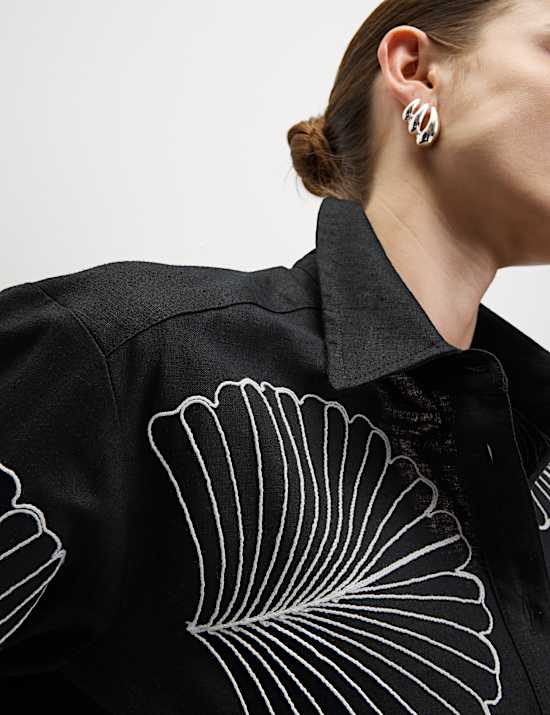 Linen Rich Embroidered Collared Relaxed Shirt