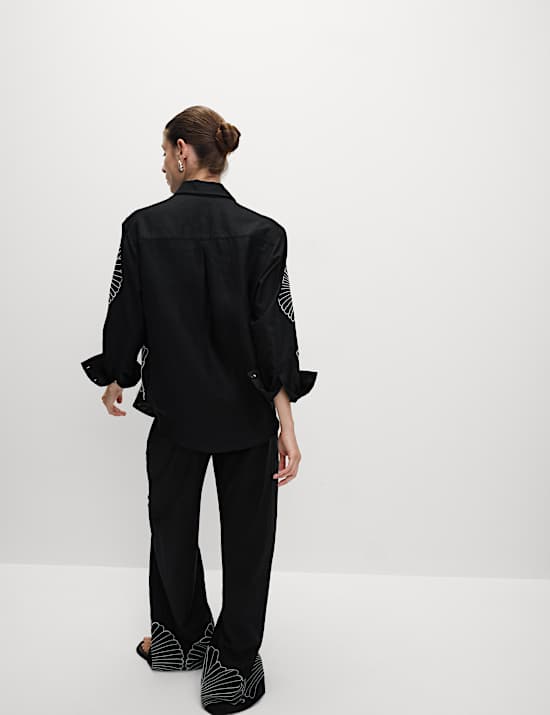 Linen Rich Embroidered Collared Relaxed Shirt