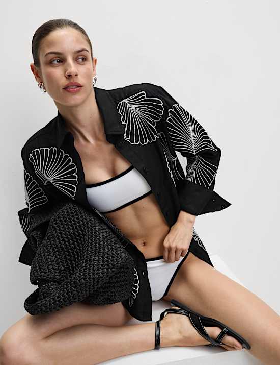 Linen Rich Embroidered Collared Relaxed Shirt