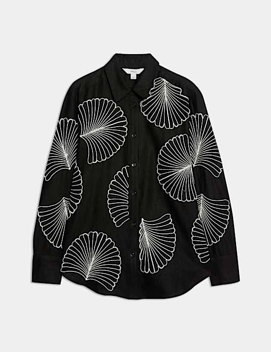 Linen Rich Embroidered Collared Relaxed Shirt