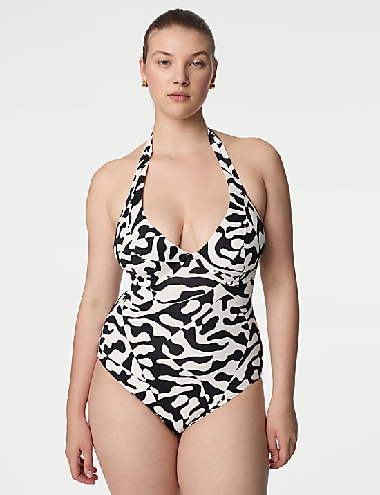 Buikcorrigerend plunge-badpak met beugel en print, cupmaten D-GG