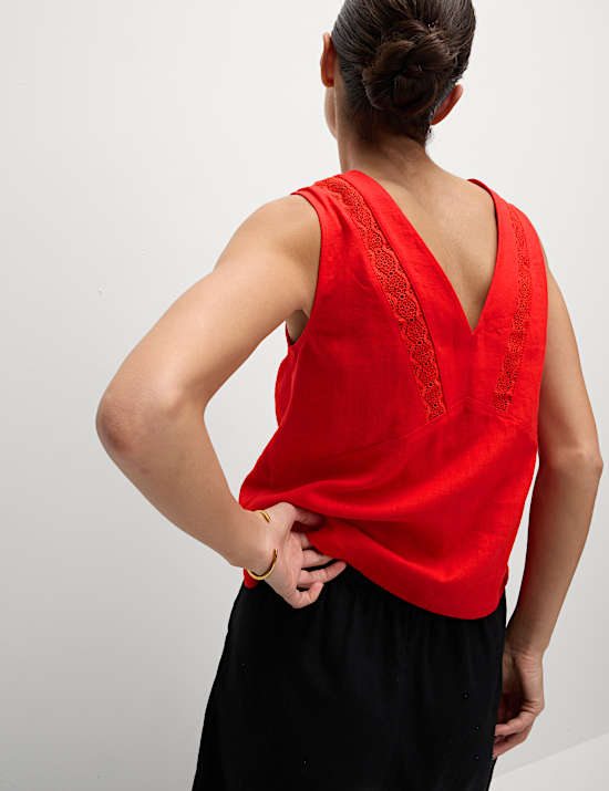 Linen Rich V-Neck Lace Insert Top