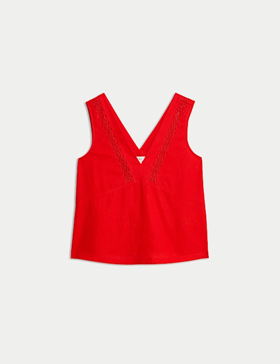 Linen Rich V-Neck Lace Insert Top