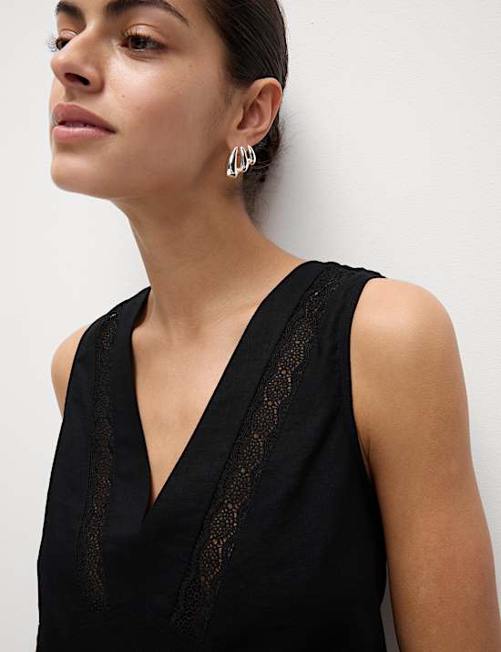 Linen Rich V-Neck Lace Insert Top