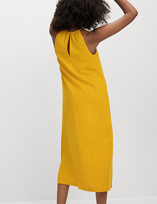 שמלת סווינג באורך מידקסי מבד עשיר בפשתן עם צווארון קולר