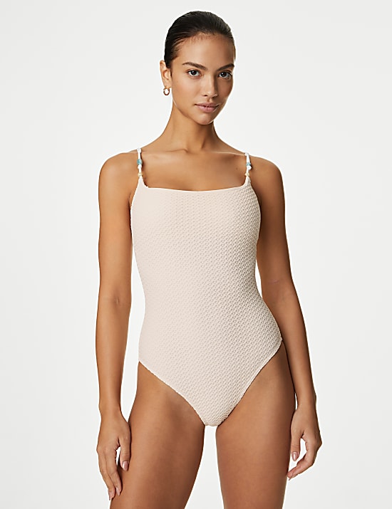 Maillot de bain textur&eacute; &agrave; d&eacute;collet&eacute; rond
