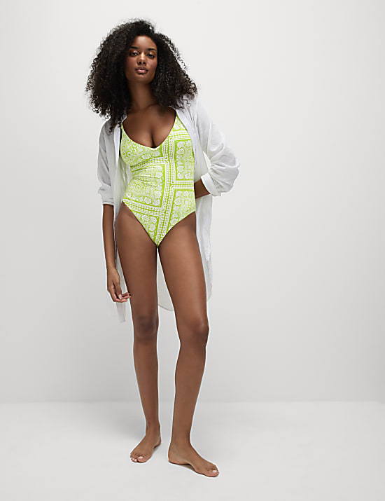 Tummy Control Palm Print Plunge Swimsuit