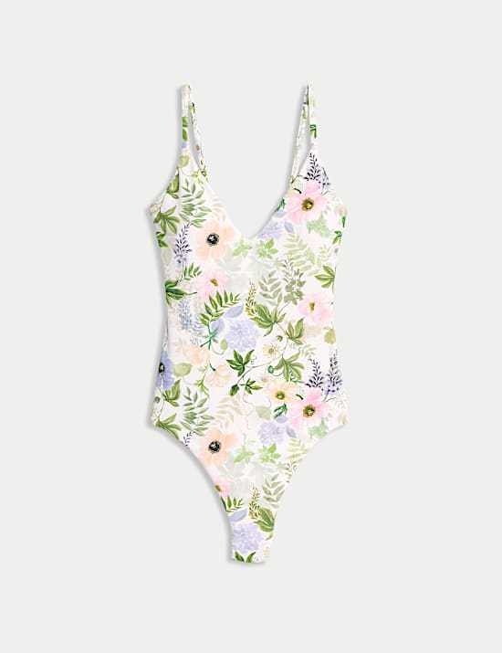 Ba&ntilde;ador escotado con sujeci&oacute;n del vientre y estampado de palmeras