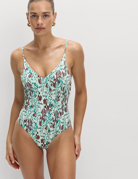 Printed Trim Detail V-Neck Plunge Swimsuit