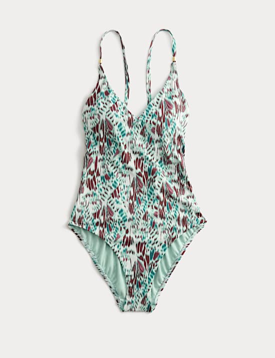 Printed Trim Detail V-Neck Plunge Swimsuit