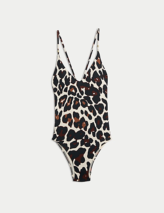Printed Trim Detail V-Neck Plunge Swimsuit