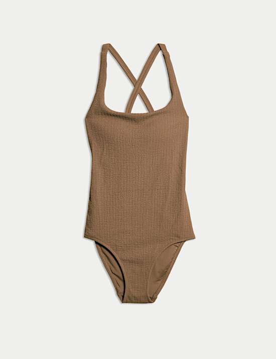 Textured Scoop Neck Cross Back Swimsuit