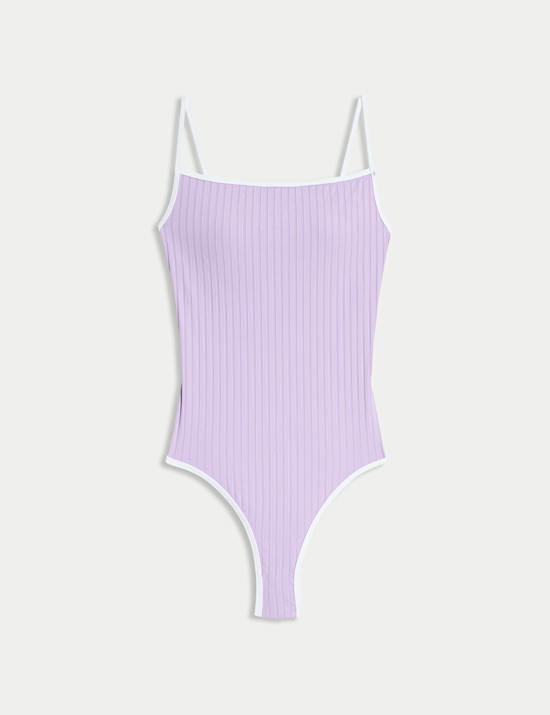 Ribbed Tipped Detail Square Neck Swimsuit