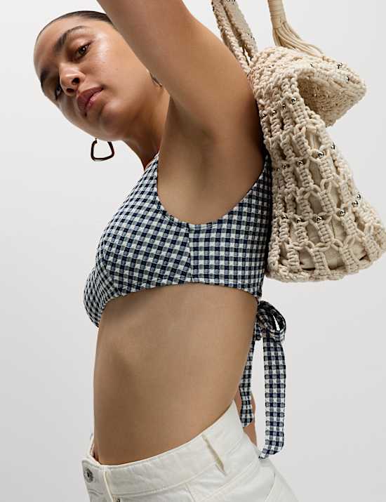 Gingham Tie Back Plunge Bikini Top