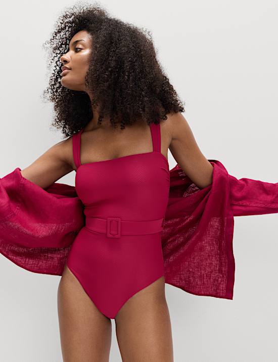 Maillot de bain textur&eacute; &agrave; ceinture &agrave; motif nid d'abeille et effet ventre plat