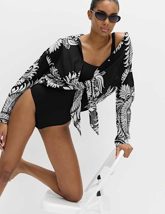 Maillot de bain textur&eacute; c&ocirc;tel&eacute; &agrave; d&eacute;collet&eacute; rond