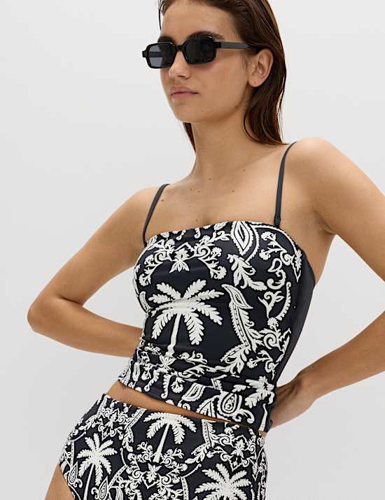 Parte de arriba de tankini bandeau estampado con sujeci&oacute;n del vientre